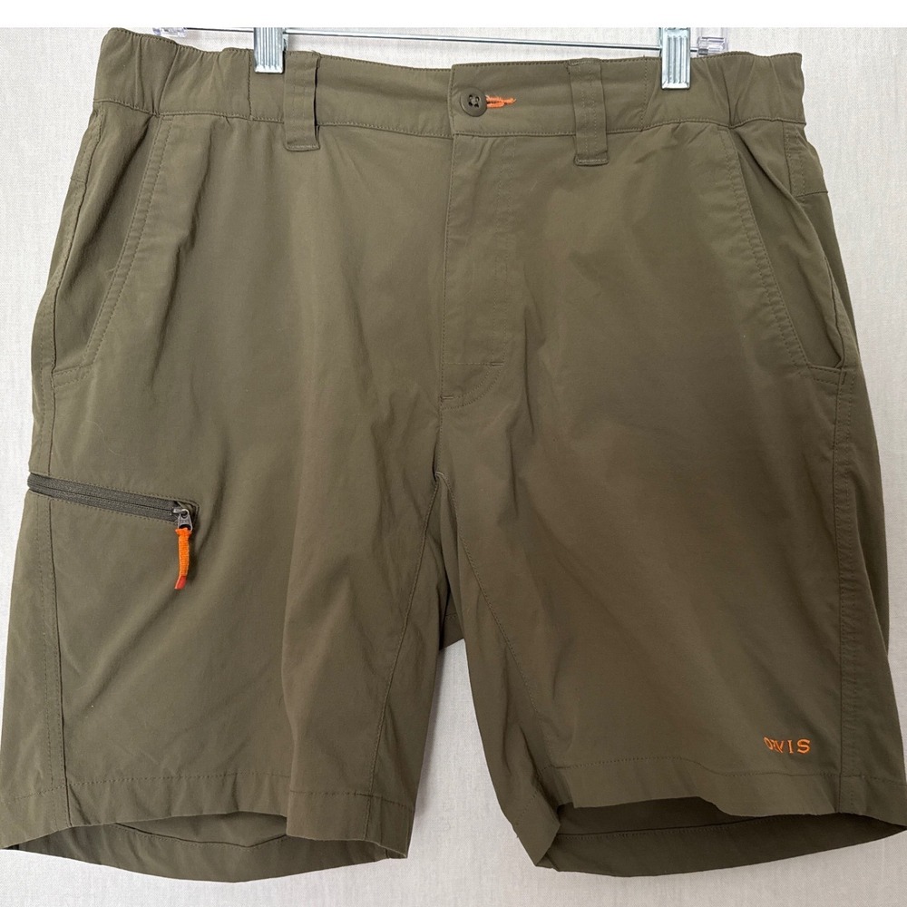 Orvis Men Medium Stretch Hiking Shorts Olive Green Cargo Zipper Pocket Fish Gorp